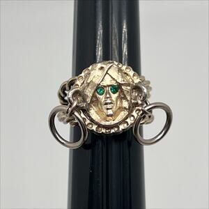 Vintage 60s 70s Gold Tone Ring with Face, Green Stone Eyes and Hoop Earrings